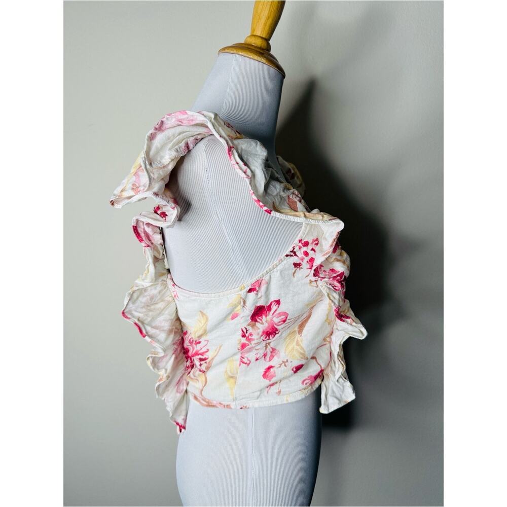 H&M Red Floral Bohemian Cottagecore Linen Blend Ruffle Crop Top - Picture 5 of 6